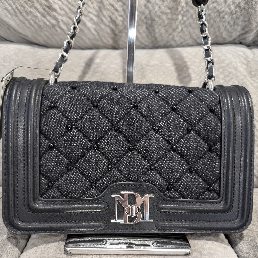 Badgley Mischka Black Denim/vegan leather Crossbody- NWT- NO CALL OUTS, 10x6x4"